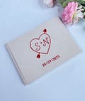 Custom Hand Embroidered Guest Book, Photo Album, Heart Arrow Design, Linen Wedding Guest Book, Memory Book, Handmade Fabric Notebook product logo