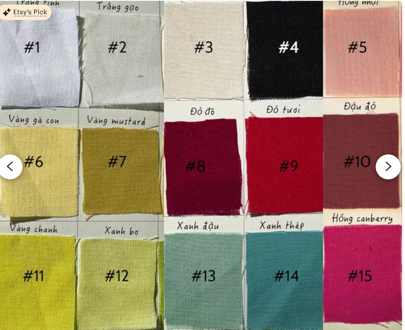 May include: A color chart with 15 fabric swatches, each labeled with a number and a Vietnamese word describing the color. The colors include white, black, pink, red, yellow, green, and blue.