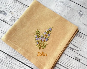 Rosemary Embroidered Handkerchiefs, Personalized Linen Embroidered Handkerchief, Wild Flower Handkerchief, Hand Embroidery,Wedding Gift