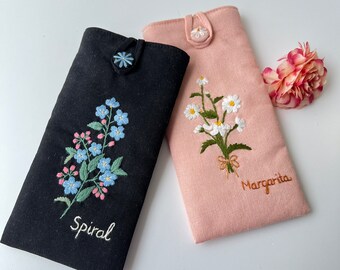 花柄刺繍入り眼鏡ケース、カスタム生地ソフトサングラスケース、手刺繍