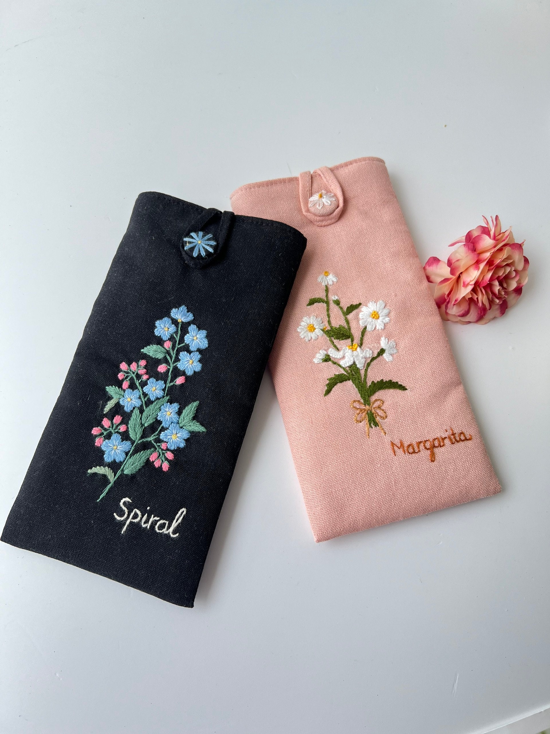 花柄刺繍入り眼鏡ケース、カスタム生地ソフトサングラスケース、手刺繍