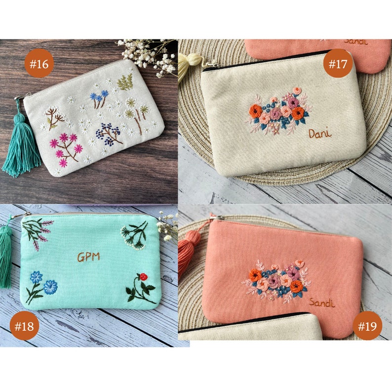 Personalized Hand Embroidered Flower Pouch, Rose Linen Wallet, Handmade Makeup Bag, Bridesmaid Gift, Linen Coin Purse, Rose Embroidery Bag imagem 9