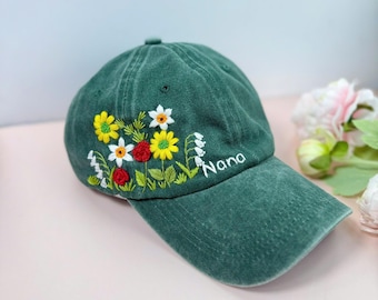 Custom Birth Flower Baseball Cap, Daisy Hand Embroidered Baseball Cap, Wash Cotton Hat, Embroidered Denim Cap, Hat For Women, Summer Hat