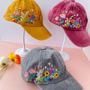 Custom Floral Baseball Cap, Daisy Hand Embroidered Baseball Cap, Wash Cotton Hat, Embroidered Denim Cap, Hat For Women, Summer Hat, Daiy Hat image 3