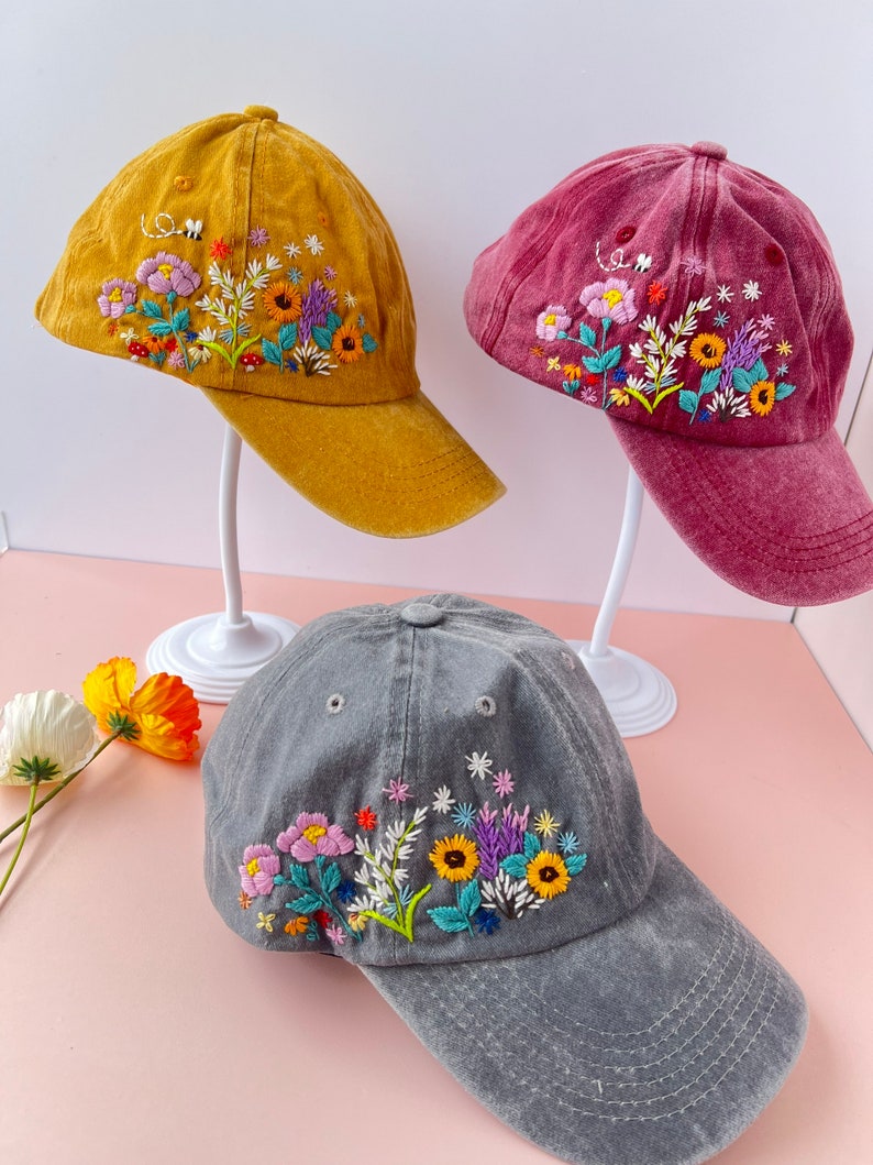 Custom Floral Baseball Cap, Daisy Hand Embroidered Baseball Cap, Wash Cotton Hat, Embroidered Denim Cap, Hat For Women, Summer Hat, Daiy Hat image 3