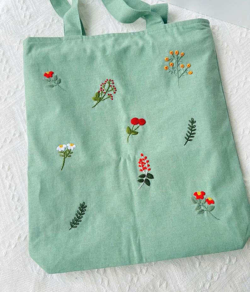 Floral Embroidered Linen Tote Bag With Pocket, Wild Flower Tote Bag ...