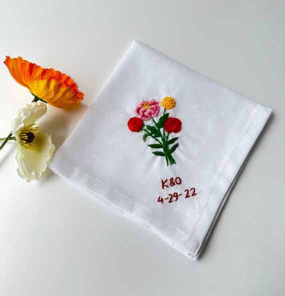 Buy Custom Flower Bouquet Embroidered Handkerchiefs Personalized Linen Embroidered Handkerchief Hand Embroidery Wedding Bouquet Wedding Gift Online in India Etsy