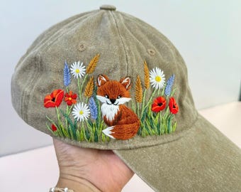 Fox And Poppy Flowers Embroidered Baseball Cap, Daisy Hand Embroidered Baseball Cap, Wash Cotton Hat, Embroidered Denim Cap, Summer Hat