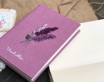 Lavender Handmade Vintage Notebook, Hand Embroidered Notebook, Daisy Notebook, Fabric cover, Personalized Notebook, Personalized Gift