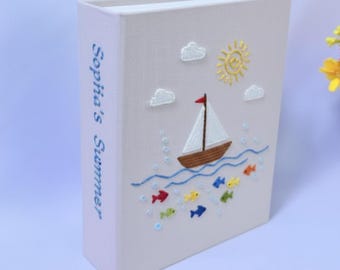 Álbum de fotos bordado a mano con fundas, álbum de fotos con temática playera, regalo de aniversario, álbum de fotos único, álbum de fotos de recuerdo, fotos de verano