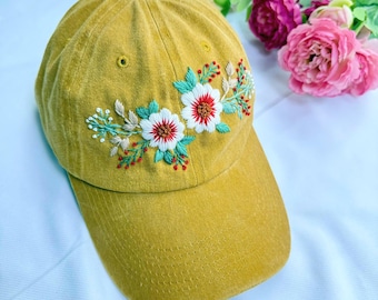 Custom Floral Hand Embroidered Baseball Cap, Flower Embroidered Hat, Wash Cotton Hat, Personalized Denim Cap, Women Hat, Summer Hat