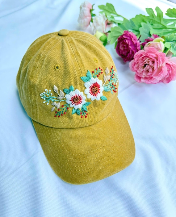Custom Floral Hand Embroidered Baseball Cap, Flower Embroidered Hat, Wash Cotton Hat, Personalized Denim Cap, Women Hat, Summer Hat