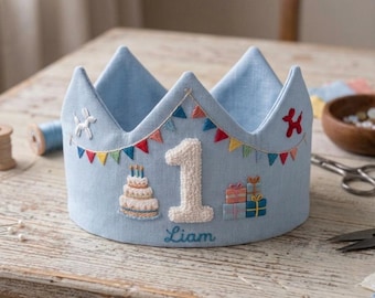 Custom Hand Embroidered Linen Crown, Baby Birthday Crown, Kids Crow, Personalized Gift, First Birthday Gift, Flower And Name Crowns