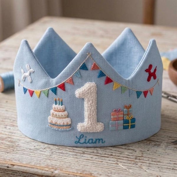 Anpassad handbroderad linnekrona, födelsedagskrona för bebisar, kråka för barn, personlig present, första födelsedagspresent, blom- och namnkronor