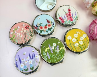 Floral Hand Embroidered Jewelry Box, Jewelry Box With Mirror, Bridesmaid Gift, Valentine's Gift, Mother's day Gift
