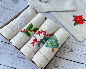 Christmas Hand Embroidered Linen Napkins, Linen Dinner Napkins, Christmas Table Decor,  Reusable napkin, Christmas Gifts.