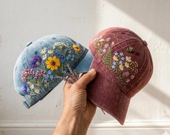 Custom Floral Baseball Cap, Daisy Hand Embroidered Baseball Cap, Wash Cotton Hat, Embroidered Denim Cap, Hat For Women, Summer Hat, Daiy Hat