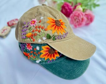Custom Hand Embroidery Floral Hat, Orange Flower Embroidered Cap, Wash Cotton Hat, Embroidered Denim Cap,Hat For Women, Women Summer Hat