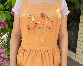 花と鳥の巣の手刺繍エプロン女性用、花刺繍エプロン、リネンエプロン