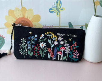 Personalized Hand Embroidered Pencil Case, Mushroom Linen Pouch, Handmade Makeup Bag, Bridesmaid Gift, Linen Coin Purse, Wild Flower Pouch