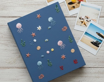 Álbum de fotos bordado a mano con fundas, álbum de fotos con temática playera, regalo de aniversario, álbum de fotos único, álbum de fotos de recuerdo, fotos de verano