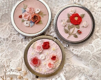 Rose Embroidered Compact Mirror Comes With a Drawstring Bag, Pocket Mirror, Flower Embroidery mirror, Makeup Mirror, Bridesmaid Mirrors.