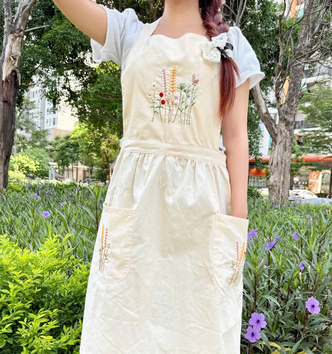 手刺繍のレディースエプロン、パーソナライズされたエプロン、フラワー