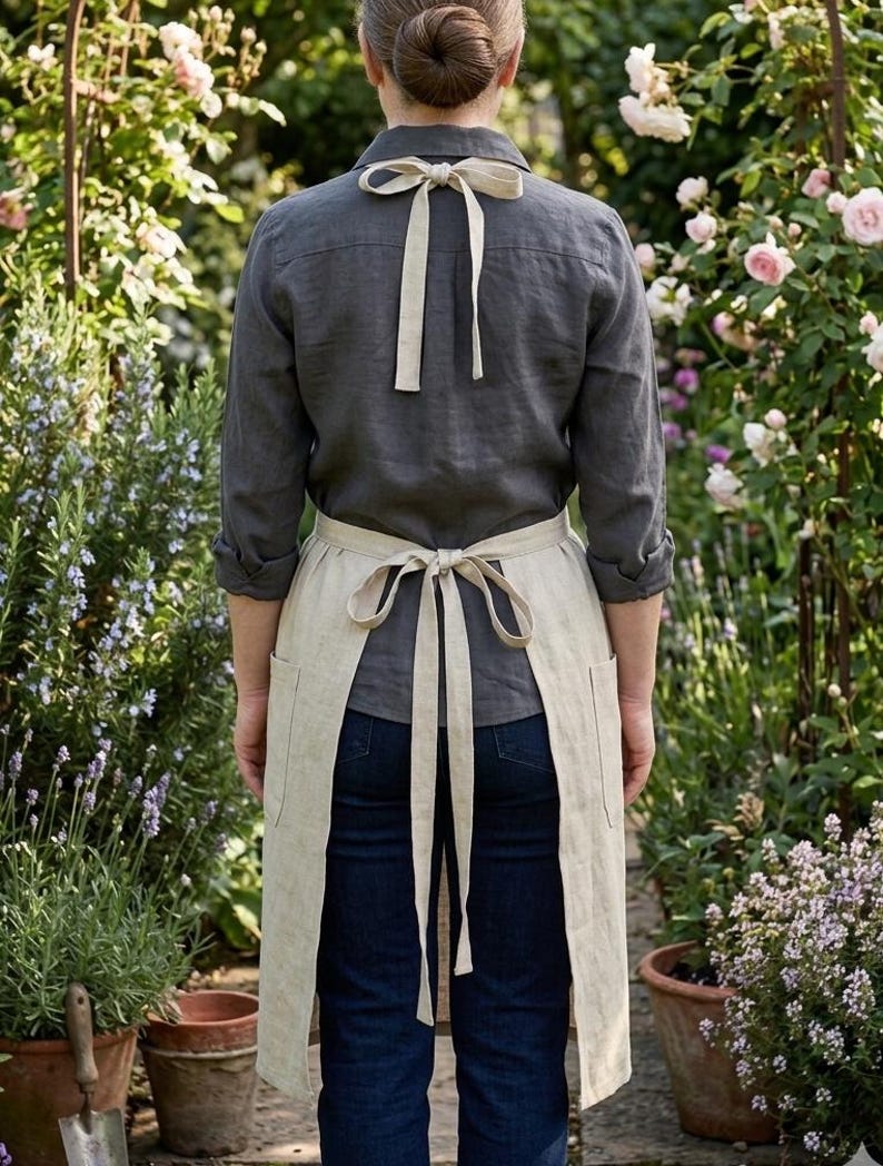 May include: A beige linen apron featuring a waist tie and a neck strap, worn over a dark gray long-sleeved button-down shirt and dark blue jeans. The apron includes two side pockets and is tied with a bow at the waist and a bow at the neck.