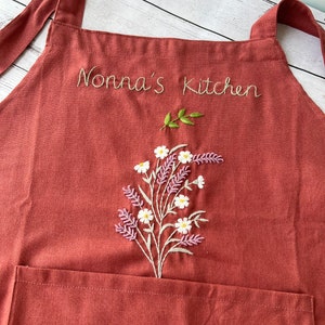 Personalized Embroidered Apron For Women, Hand-Embroidered Apron, Linen Cotton Apron, Flower Embroidery Linen Apron, Custom Apron image 1