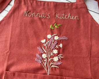 Personalized Embroidered Apron For Women, Hand-Embroidered Apron, Linen Cotton Apron, Flower Embroidery Linen Apron, Custom Apron