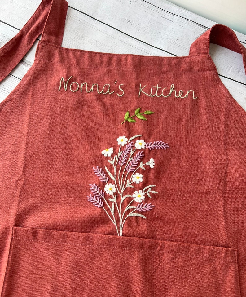 Personalized Embroidered Apron For Women, Hand-Embroidered Apron, Linen Cotton Apron, Flower Embroidery Linen Apron, Custom Apron image 1