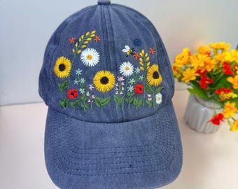 Sunflower And Daisy Hand Embroidered Baseball Cap, Wash Cotton Hat, Handmade Embroidered Denim Cap, Hat For Women, Summer Hat, Flower Hat