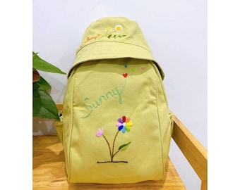 Custom embroidered backpack and bucket hat, Hand embroidered backpack, Personalized name backpack,Floral Bucket hat for kid,Backpack for kid