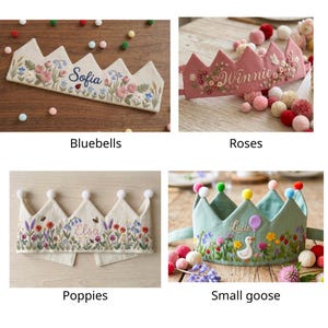 Custom Hand Embroidered Linen Crown, Baby Birthday Crown, Kids Crow, Personalized Gift, First Birthday Gift, Flower And Name Crowns image 11