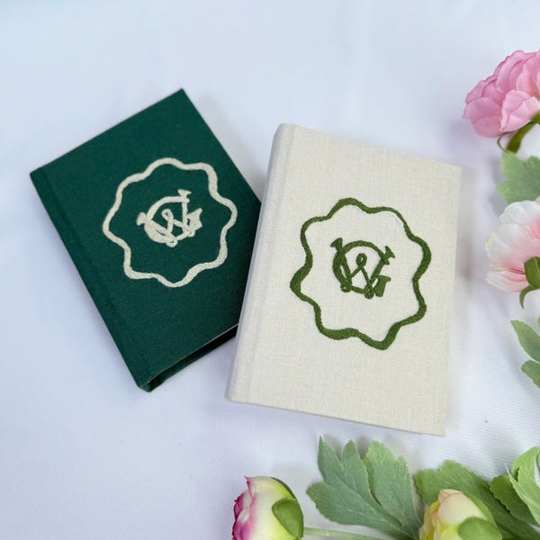 Custom Hand Embroidered Vow Book A6 size, Wedding Logo Hand Embroidered Notebook, Wedding monogram, Handmade Notebook.