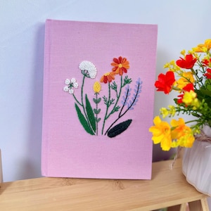 Hand Embroidered Journal Notebook A6 A5, Wild Flower Notebook, Fabric Hard cover,Daisy Journal,Handmade Notebook,Custom Personalized Journal