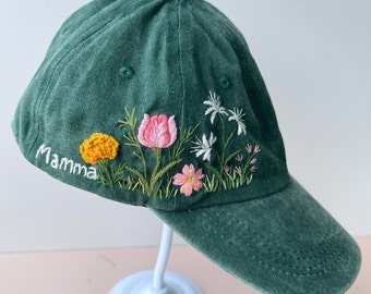 Custom Birth Flower Baseball Cap, Daisy Hand Embroidered Baseball Cap, Wash Cotton Hat, Embroidered Denim Cap, Hat For Women, Summer Hat