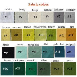 May include: A color chart titled Fabric colors displaying twenty-five numbered fabric swatches in various shades including white, ivory, beige, natural, dark grey, lightgrey, banana, mustard, lemon, yellowgreen, froggy, canary, fire, black, mint, turquoise, teal, yale blue, veriperi, forest, dark green, emerald, olive, army, and grass.