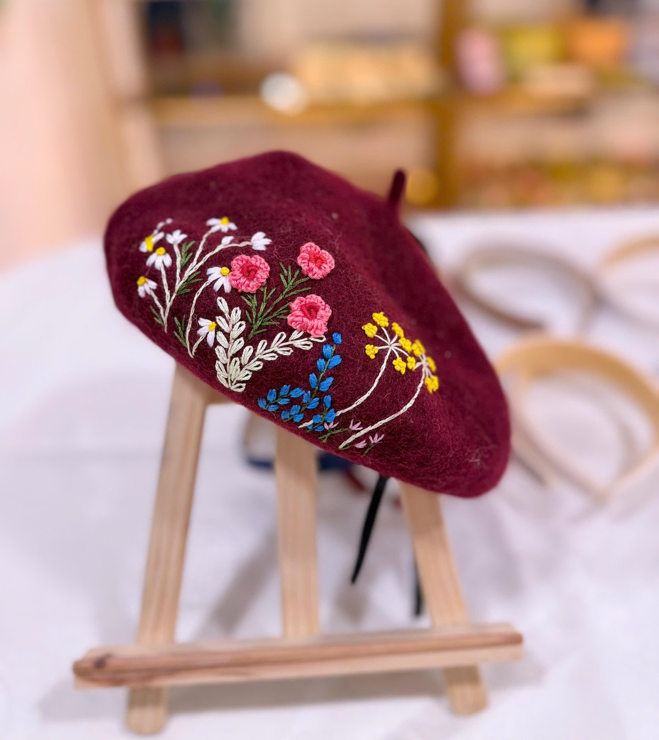 花柄刺繍フレンチベレー帽、手刺繍ベレー帽レディース、花柄冬用ベレー