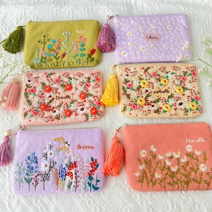 Personalized Hand Embroidered Flower Pouch, Rose Linen Wallet, Handmade Makeup Bag, Bridesmaid Gift, Linen Coin Purse, Rose Embroidery Bag