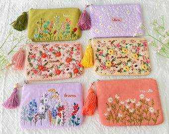 Personalized Hand Embroidered Flower Pouch, Rose Linen Wallet, Handmade Makeup Bag, Bridesmaid Gift, Linen Coin Purse, Rose Embroidery Bag