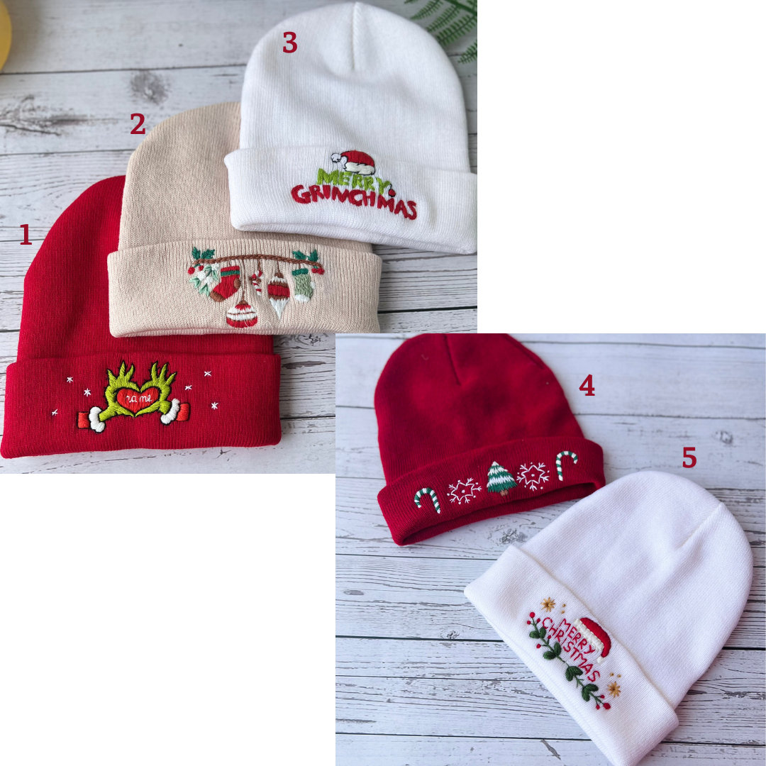 Hand Embroidered Beanie - Christmas Beanie, Boho Beanie, Winter Hat, Christmas Gift, New Year Gift, Christmas tree, Snow flake