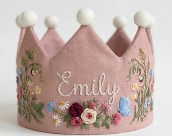 Custom Hand Embroidered Linen Crown, Baby First Birthday Crown, Crown for Kids, Personalized Gift, Birthday Outfit, Keepsake Birthday Crown