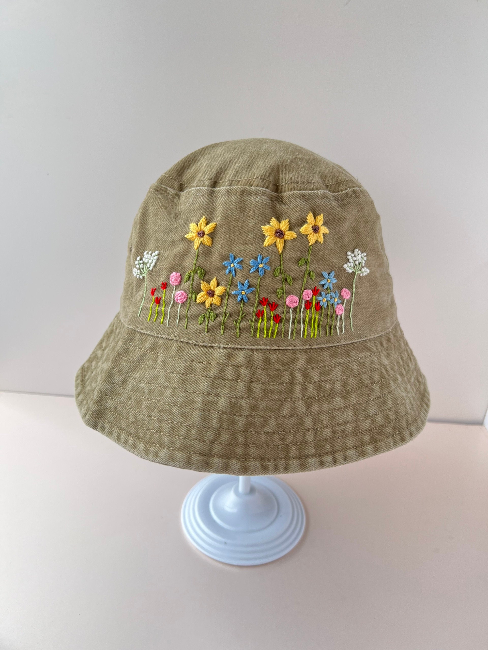 Custom Hand Embroidery Floral Bucket Hat, Daisy Bucket, Wash 