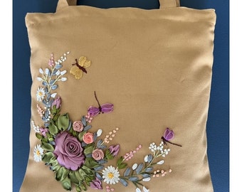 Floral Embroidered Tote Bag With Zipper and Pocket, Silk Ribbon Embroidered Tote Bag, Handmade Tote Bag, Canvas Shopping Bag, Shoulder Bag