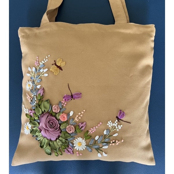 Sac fourre-tout brodé floral avec fermeture éclair et poche, sac fourre-tout brodé de ruban de soie, sac fourre-tout fait main, sac shopping en toile, sac à bandoulière