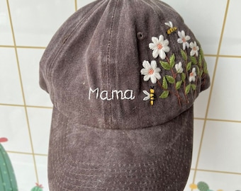 Custom Floral Baseball Cap, Daisy Hand Embroidered Baseball Cap, Wash Cotton Hat, Embroidered Denim Cap, Hat For Women, Summer Hat, Daiy Hat