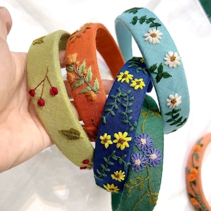 Hand besticktes Stirnband, Blumen Stickerei Turban, Leinen Haarband, Leinen Haarschmuck, bestickter Haarreif, besticktes Frauen Stirnband