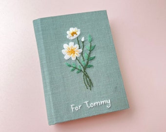 Cosmos Flower Hand Embroidered Notebook A5 A6, Personalized Hand Embroidered Notebook, Fabric Hard cover,Birth Flower Journal,Custom Journal