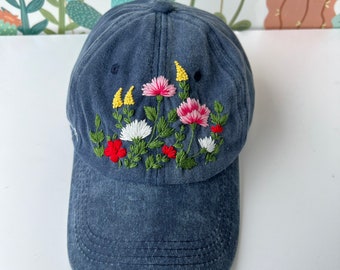 Custom Hand Embroidery Floral Hat, Daisy Embroidered Baseball Cap, Wash Cotton Hat, Embroidered Denim Cap,Hat For Women, Women Summer Hat